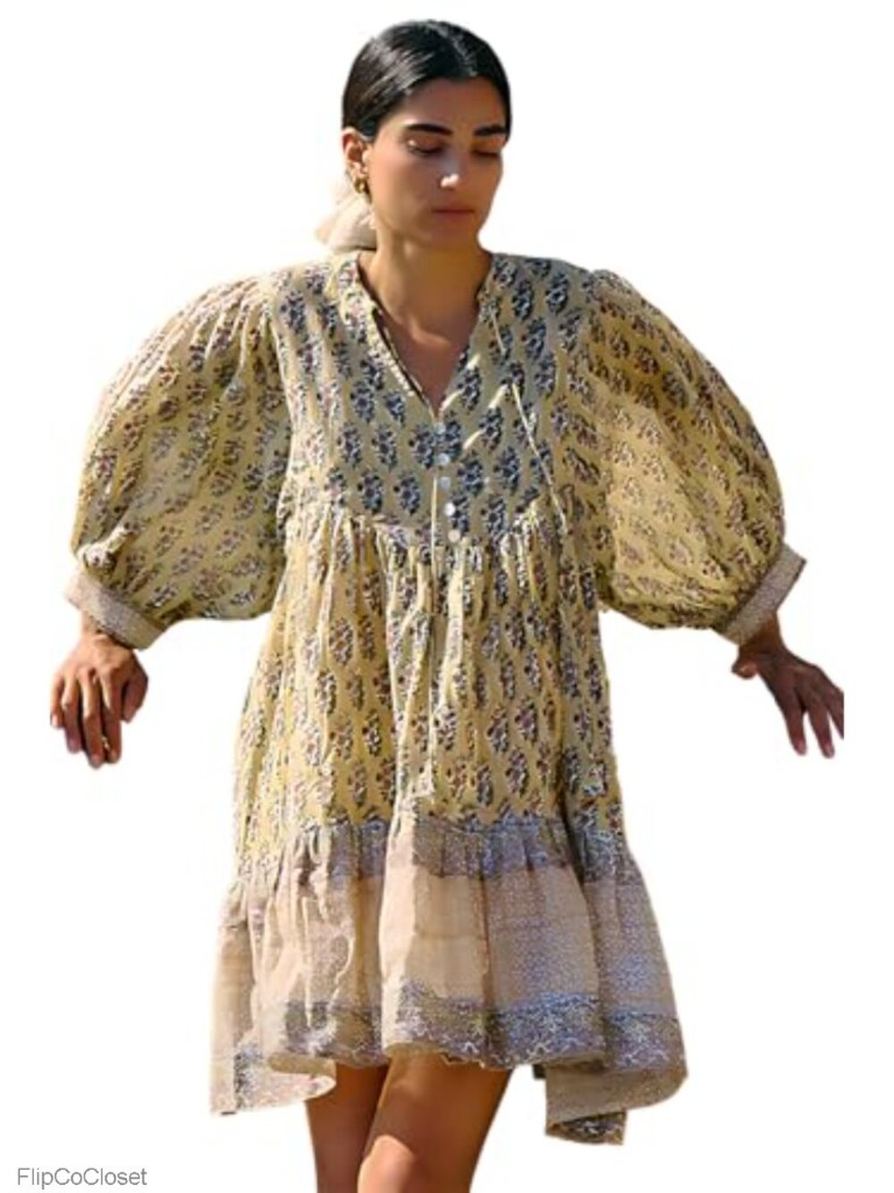 Women's Boho Babydoll Puff Sleeve V Neck Flowy Mini Dress Rayon